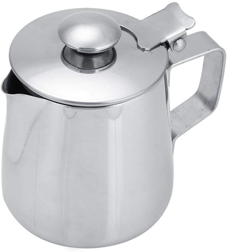 Milk Frothing Pitcher, Stainless Steel Coffee Cup with Lid for Home Office Kitchen Coffee Shop Latte Art, Silver