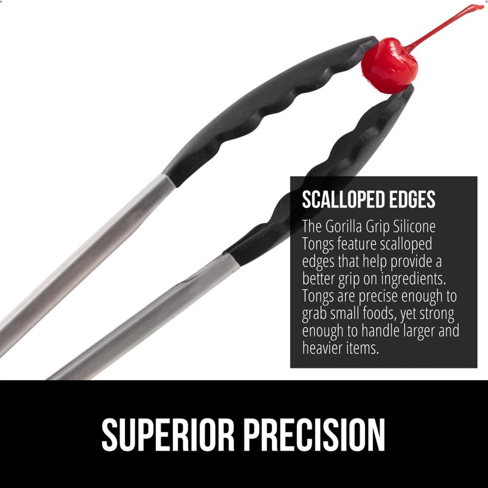 GORILLA GRIP Stainless Steel Heat Resistant Kitchen Tongs for Cooking, 9 + 12 Inch, Set of 2 BBQ Tong, Non Scratch Silicone Tip for Pan, Strong Grip, Grab Food, Toss Salad, Air Fryer, Pull Lock, Black