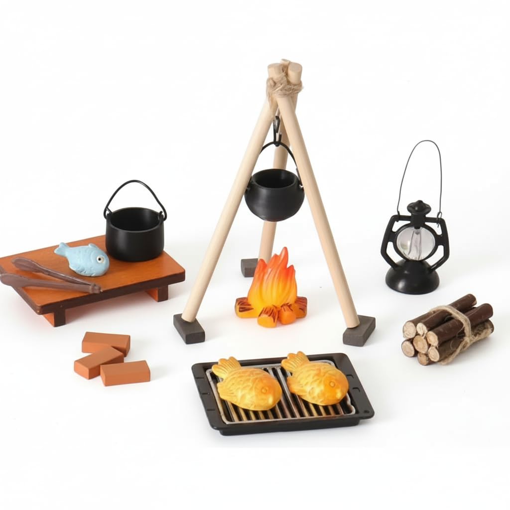 Miniature Camping Cooking Set – 1:12 Scale Dollhouse Outdoor Stove & Campfire Accessories for Micro Outdoor Scenes and Miniature Dioramas