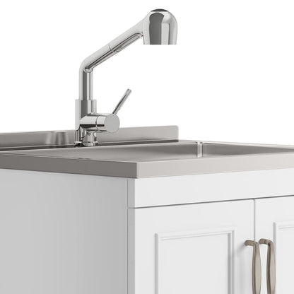 SIMPLIHOME Cardinal All-in-One 28 inch Wide Utility Sink and Laundry Cabinet in Pure White Finish, Transitional Stainless Steel Sink Cabinet for Laundry Rooms with Pull-Out Brushed Nickel Faucet
