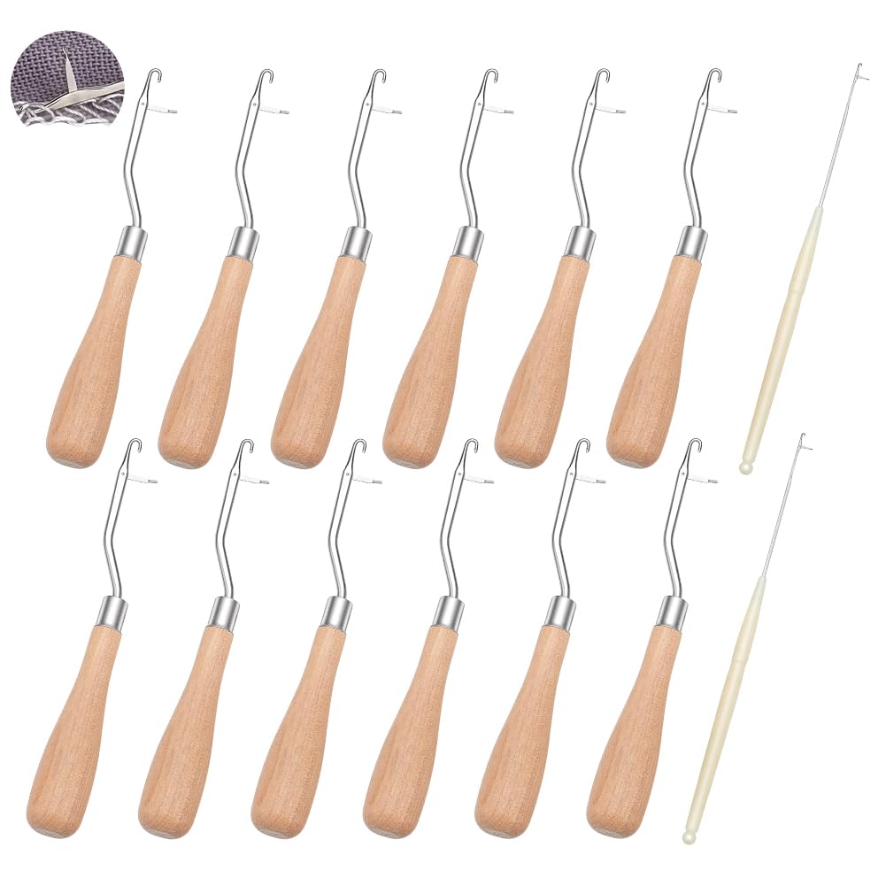 INTERWARM 26 Pcs Latch Hook Tools, 24pcs 6.5Inch Wooden Handle Latch Hook Tool and 2pc 6.2Inch Ultra-Fine Crochet Hooks Crochet Needle Knitting Tool with Tongue Crochet for Rug Making and Art Crafts