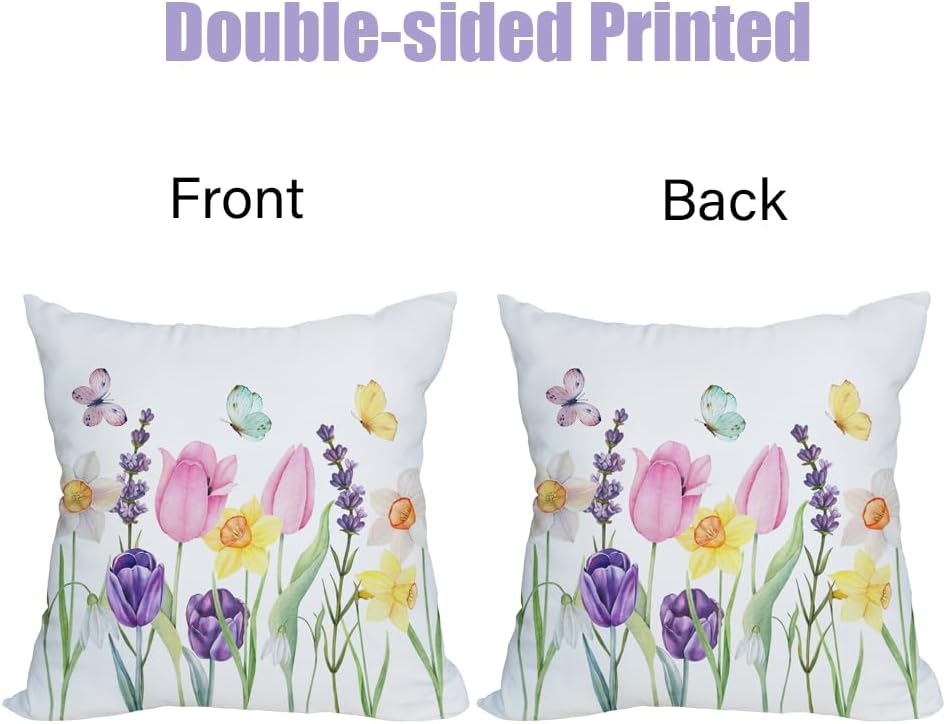 2 Pack Waterproof Spring Floral Pillow Covers, 16x16 Inch Pink Tulip Flower & Lavender Butterfly Outdoor Cushion Case