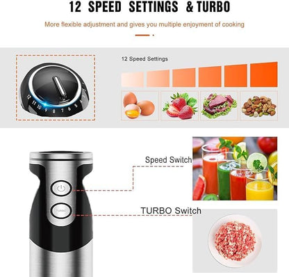 MegaWise Handheld Blender, 12-Speed Stainless Steel Electric Immersion Blender, 5 in 1, Titanium Blades, 600ml Beaker,