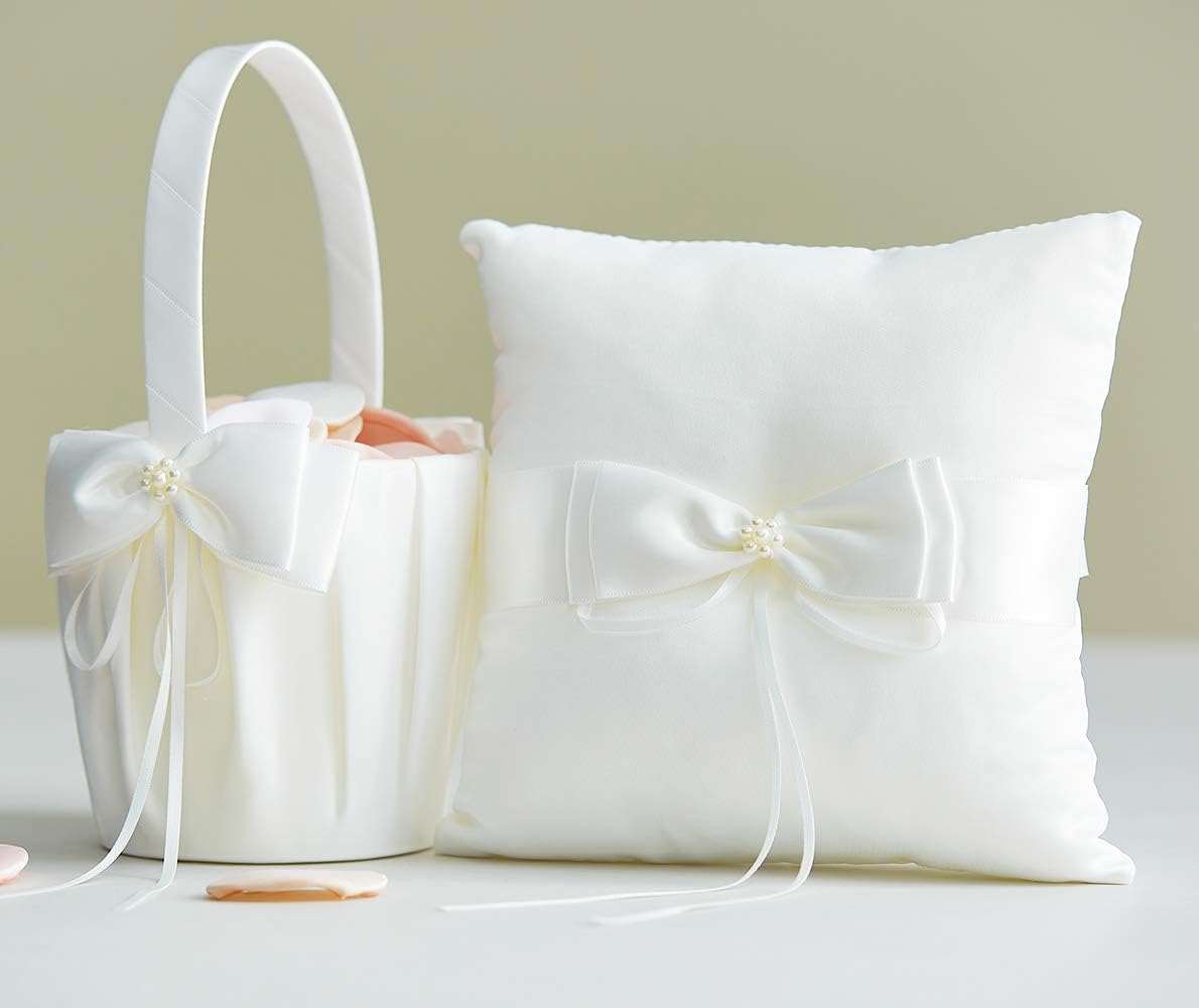 Wedding Flower Girl Basket and Ring Bearer Pillow Set - Simple Bow Pearl Collection, Ivory