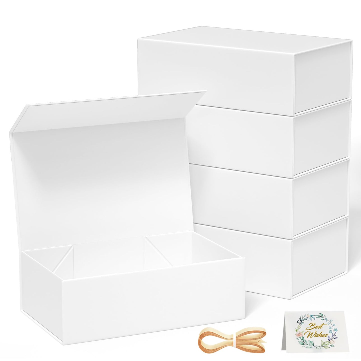 RYDDOY 5 Pack White Gift Box, 9.5x6x3'' Gift boxes for Presents with Lids Magnetic Closure Rectangle Collapsible for Bridesmaid Proposal Box, Wedding, Christmas, Halloween, Birthday Gift Packging