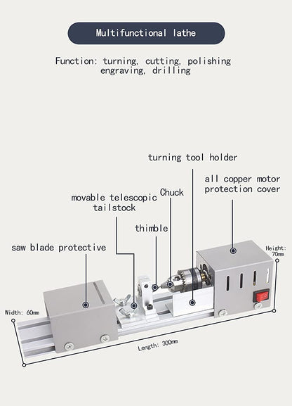 Jinegelela Professional mini Lathe Machine, Lathe Tools Woodworking Machine, Lathe Beads Polisher, CNC DIY Woodworking Wood Lathe Machine (Silver)