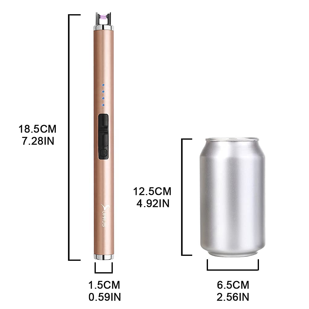 SUPRUS Electric Lighter Candle Type C Rechargeable Lighter with Upgraded LED Battery Display Safety Switch Flameless Plasma Windproof for Candle Cooking BBQs Fireworks (Champagne Gold)