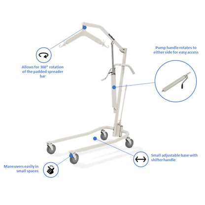 Invacare Hydraulic Patient Lift, Lightweight Transfer Lift Chair with 450 lb Weight Capacity, Bent Mast for Safer Transfers, 6-Point Padded Swivel Bar, Floor-to-Bed Height Range for Fall Recovery