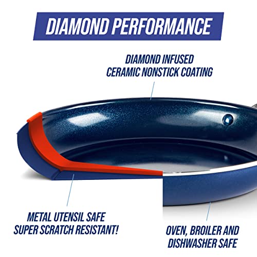 Blue Diamond 11" Nonstick Square Griddle Pan, Non Toxic PFAS-Free Diamond Ceramic, Dishwasher & Oven Safe, Even Heating, Metal Utensil Safe, Warp Control, Blue