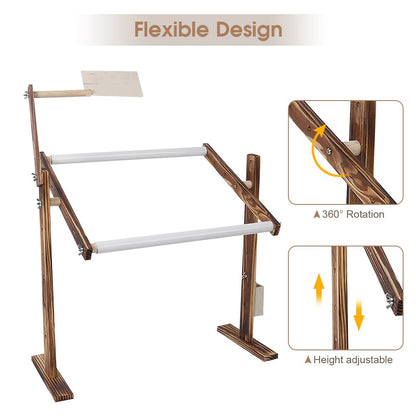 Adjustable Wooden Cross Stitch Frame Stand with Scroll Bar & Side Pocket - Pine Embroidery Desktop Holder for Sewing Craft Tools (120 Characters)