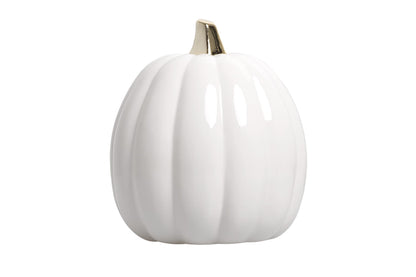 Pearhead Ceramic Pumpkin Fall Decor with Gold Stem, White
