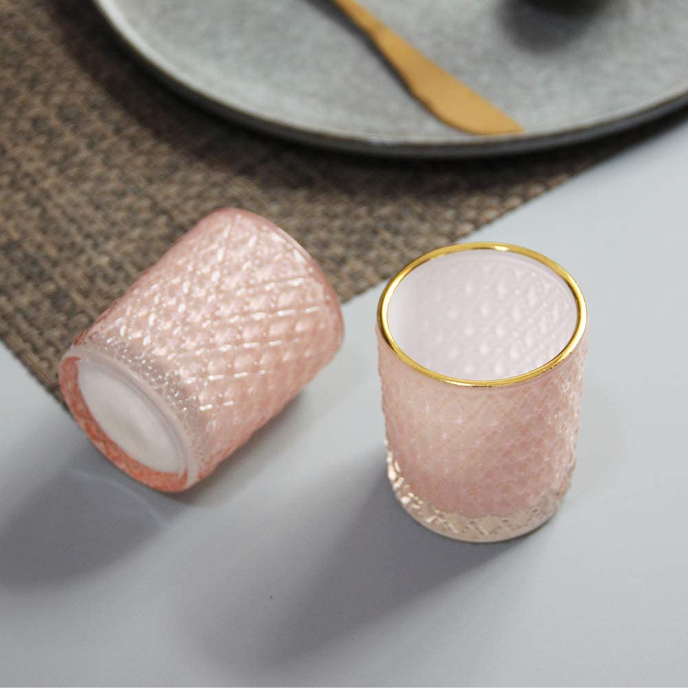 SHMILMH Pink Votive Candle Holders Set of 24, Pink Christmas Table Centerpiece Glass Tealight Holders Bulk with Gold Rim, Tea Candle Holder for Birthday Wedding Decor