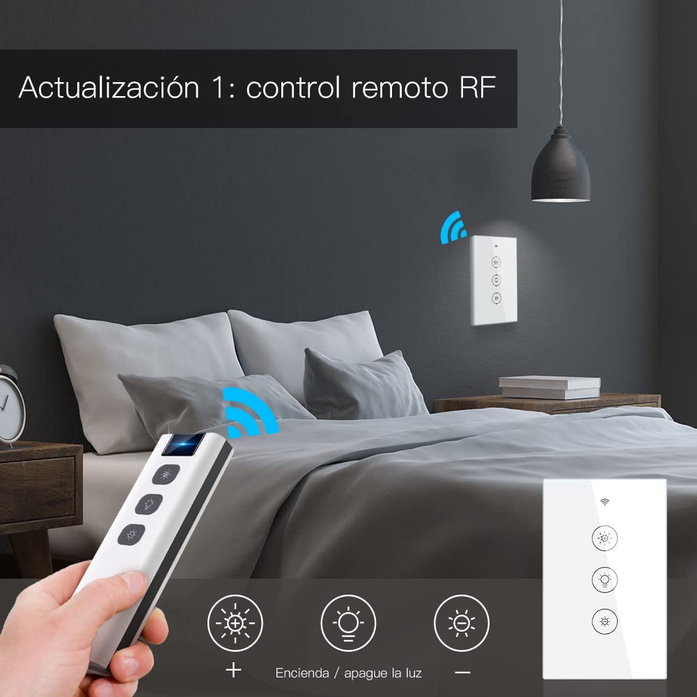 MoesGo WiFi RF Smart Light Dimmer Switch 2/3 Way Muilti-Control Association Smart Life/Tuya APP Relay Status Backlight Switch Off RF Remote Control,Compatible with Alexa Google Voice Assistants White