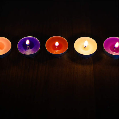 Tea Lights Candles, 50 Pack Flameless Colorful Tealights Holder Variety Relaxing Paraffin Pressed Wax 2 Hours Burn Time for Travel,Centerpiece,Party Gift Happy Birthday New Year Wedding (Yellow)