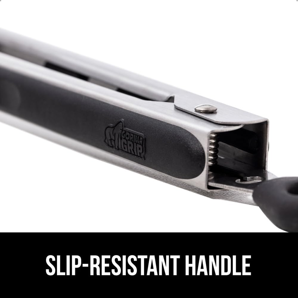GORILLA GRIP Stainless Steel Heat Resistant Kitchen Tongs for Cooking, Set of 2 BBQ Tong, Non Scratch Silicone Tip for Pans, Strong Grip, Grab Food, Toss Salad, Air Fryer, Pull Lock, 7 + 9 Inch, Black