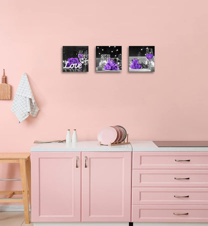 Purple Rose Flower Pictures Wall Art Decor for Kitchen, Wine Glass, Candle, Love, 3 Piece Canvas Prints Set 12x12inch