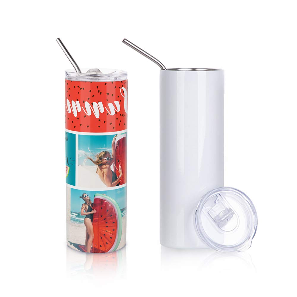 PYD Life 12 Pack Sublimation Tumblers Blanks Skinny White 20 OZ Straight Bulk Stainless Steel Cups with Metal Straw and Lid for Tumbler Heat Press Machine Sublimation Print