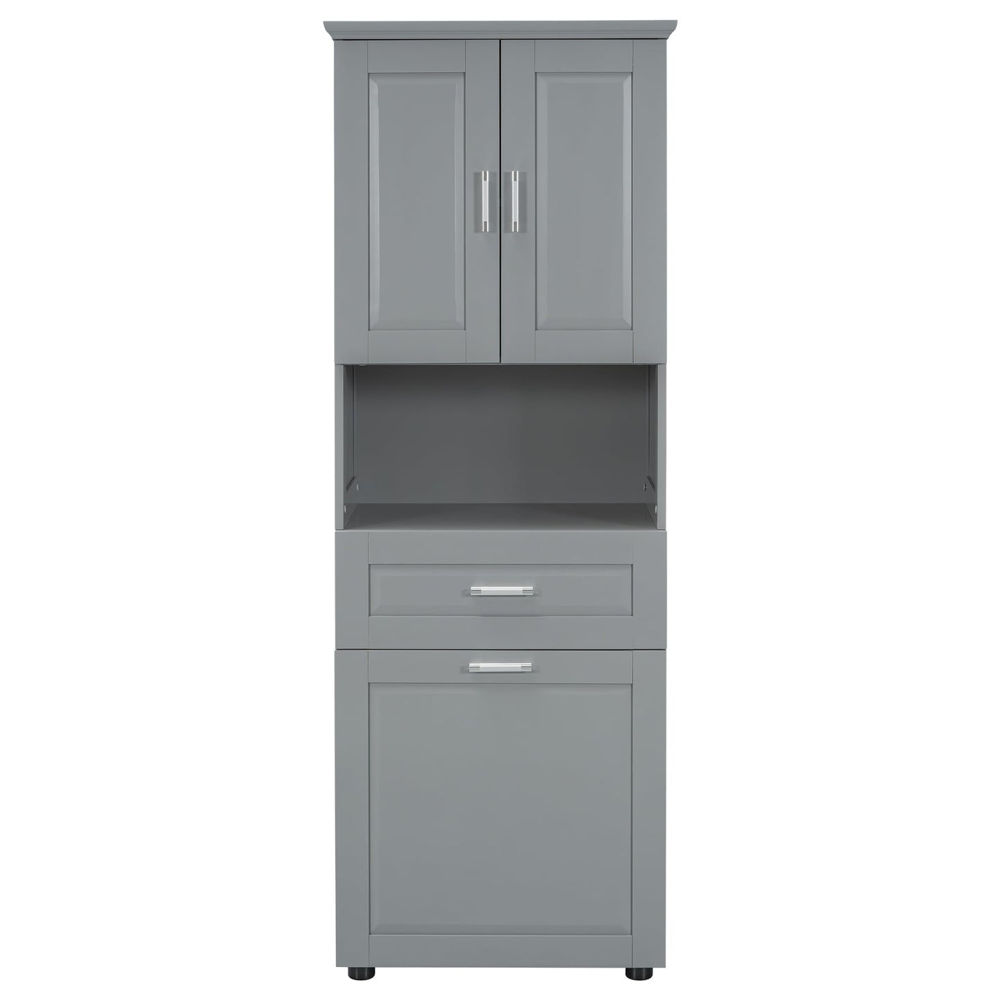 Storage Cabinet with Doors and Drawer, Multi-Functional Bathroom Storage Organizer with Laundry Hamper Basket and Open Shelf, Soft-Closing Door, Gray
