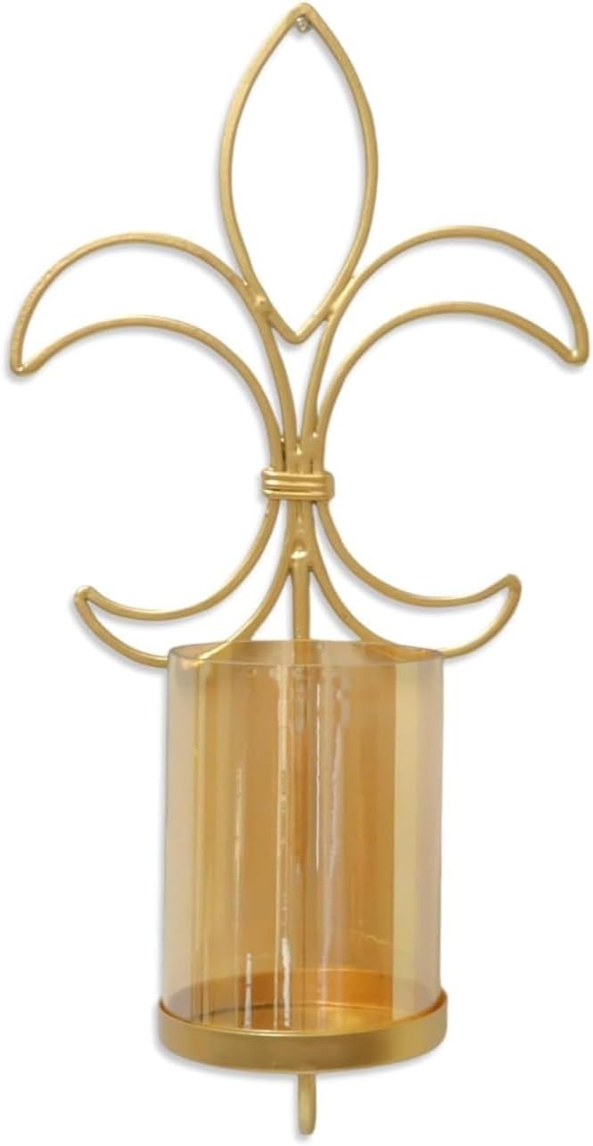 13.25" Hosley Metal Gold Fleur Dis Lis Wall Sconce with Glass Candle Holder High. Pillar Candle Holders Decorative Iron