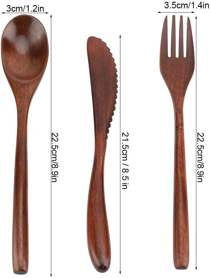 3Pcs Wooden Spoon Fork Knife Cutlery Set, Japanese Reusable Bamboo Cutlery Set