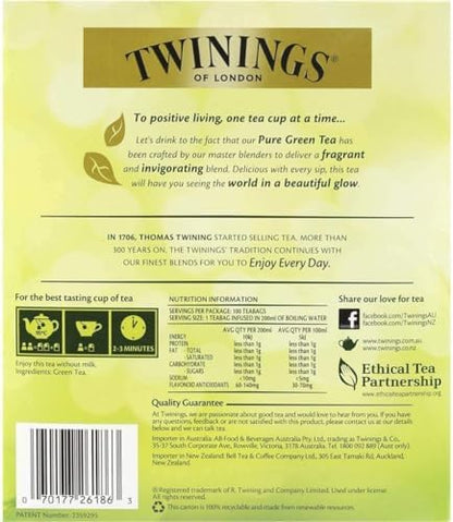 Twinings Green Tea Bags - All-Natural, Pure Flavor - 100 Count for Refreshing Brews