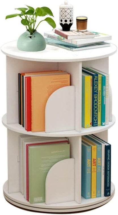 BJTDLLX 360 A4 2 Rotating Bookshelf, Freestanding Storage Shelf, Rotating White Bookshelf Round Bookcase Magazines