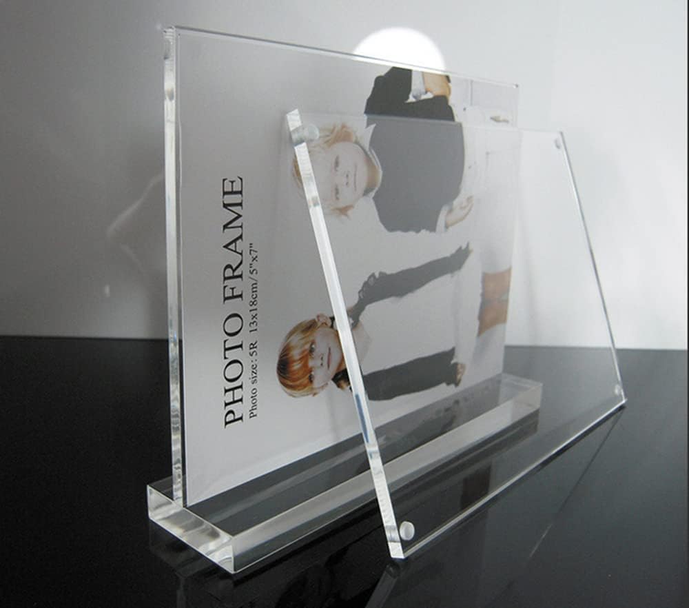 4x6" Acrylic Floating Picture Frame, T Shape Clear Frameless Desktop Floating Display with Base,Horizontal Magnetic Frames Double Sided Table Top Display Stand for Portrait Wedding Menu Ad Holder