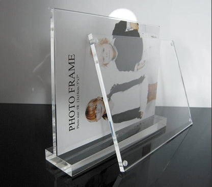 4x6" Acrylic Floating Picture Frame, T Shape Clear Frameless Desktop Floating Display with Base,Horizontal Magnetic Frames Double Sided Table Top Display Stand for Portrait Wedding Menu Ad Holder