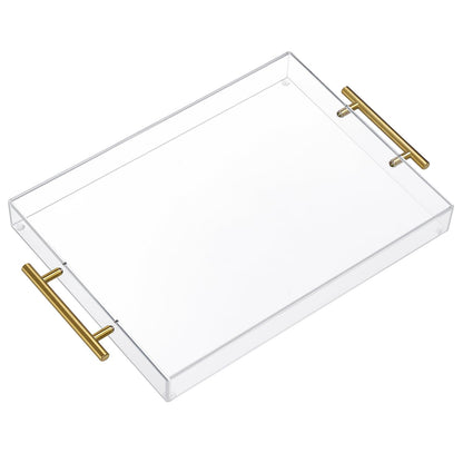 12"x16" Clear Acrylic Serving Tray with Golden Handles, Sturdy Huge Capacity Acrylic Tray for Coffee, Juice, Kitchen and Desk Organizer, Storage Tray (12"x16")