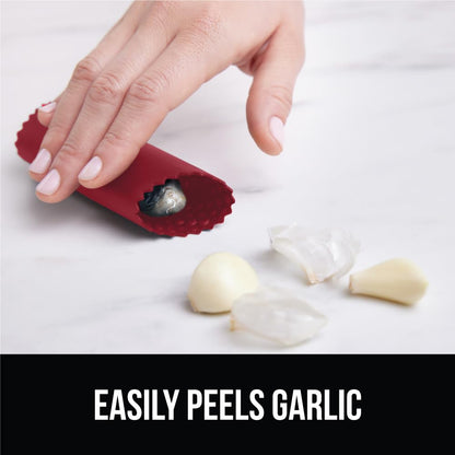 GORILLA GRIP Garlic Press and Peel Set, Heavy Duty Mincer Tool, Large Ergonomic Handle, Easily Mince and Crush Garlics, Ginger, Nuts, Seeds, Peeler Included, Peeling Cloves, Kitchen Gadgets, Red