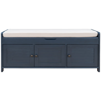 GDFStudio Jasd Storage Bench with 3 Shutter-Shaped Doors, Shoe Bench with Removable Cushion and Hidden Storage Space, Large Organizer Space, Wooden Foot Rest for Living Room Entryway, Antique Navy