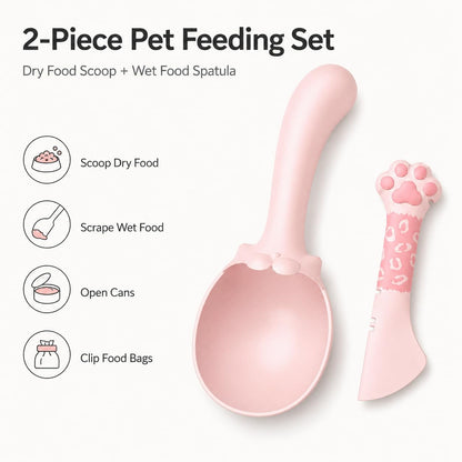 Meow&Woof Cat Food Scoop and Wet Food Spatula Set, 2-Piece Pet Food Measuring Scoop with Bag Clip, Approx. 1 Cup Dry Food Scooper & Silicone Can Spoon for Dogs and Cats, Pink