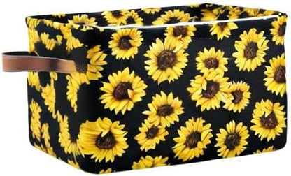 senya Large Foldable Storage Basket, Black Fabric Organizer Bag with Sunflowers and Handles 15 x 11 x 9.5 inch