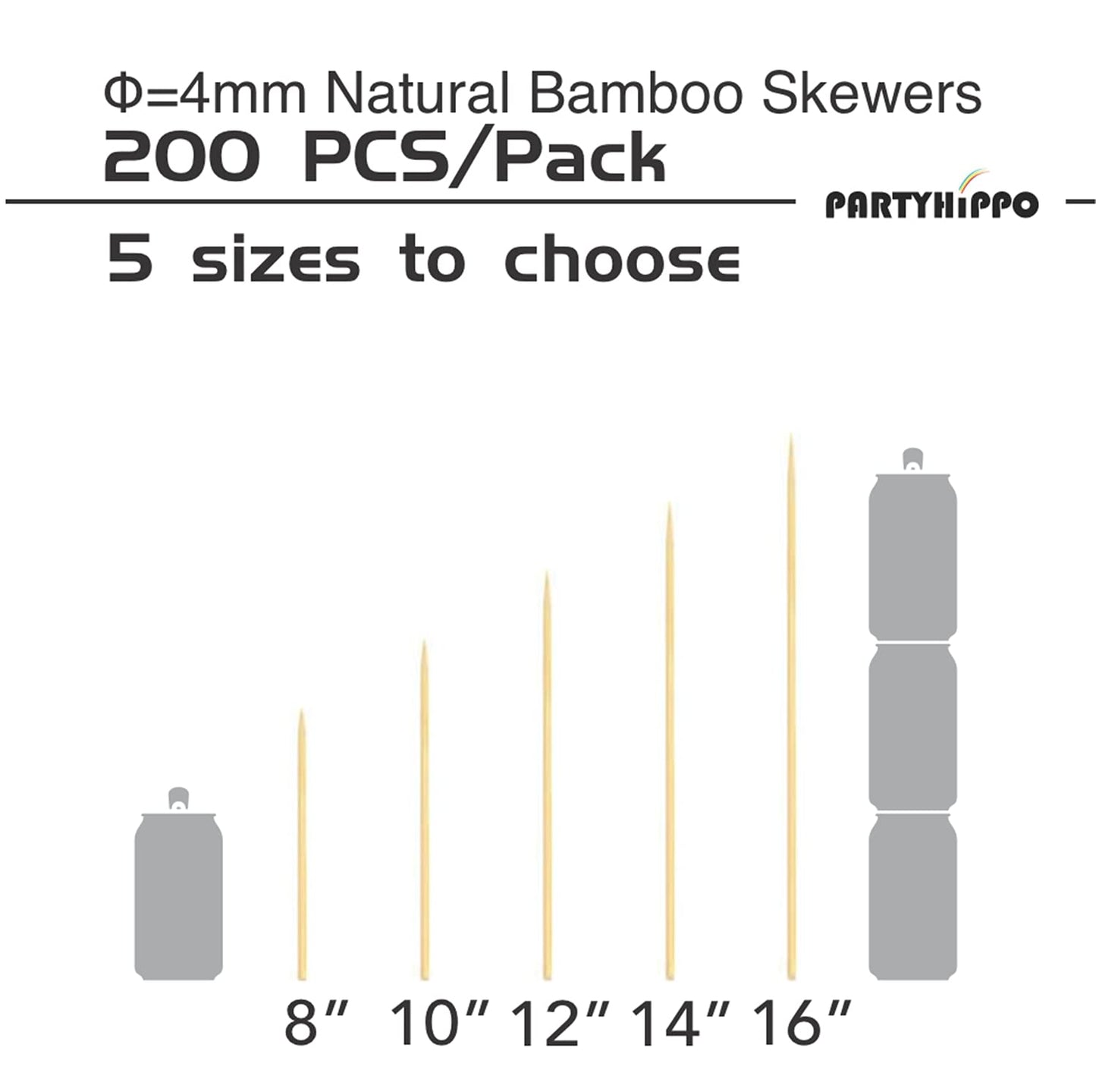 PARTYHIPPO 16 Inch Natural Bamboo Skewers, 4mm Thick, 200 Pack – BBQ Kabob Sticks for Grilling, Fruit, Chocolate Fountain, Crafts & Parties – More Size Choices /8"/10"/12"/14"/16"(16")
