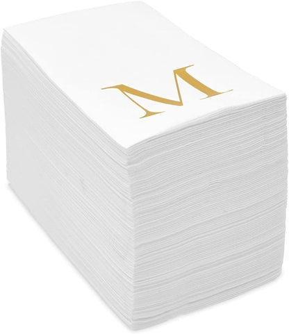 4 8 3-Ply, 100 Count Sparkle and Bash M Napkins Paper Guest Towels - x in, White & Gold, - Letter M Initial Napkins