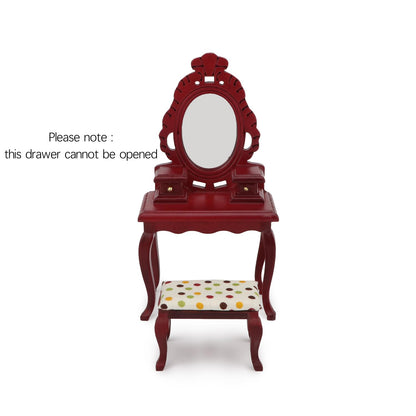 Dollhouse Makeup Vanity with Mirror & Stool 1/12 Miniature Makeup Furniture Set, Wooden Dressing Table Bedroom Dresser Table Doll House Toilet Table Accessorie (Red)