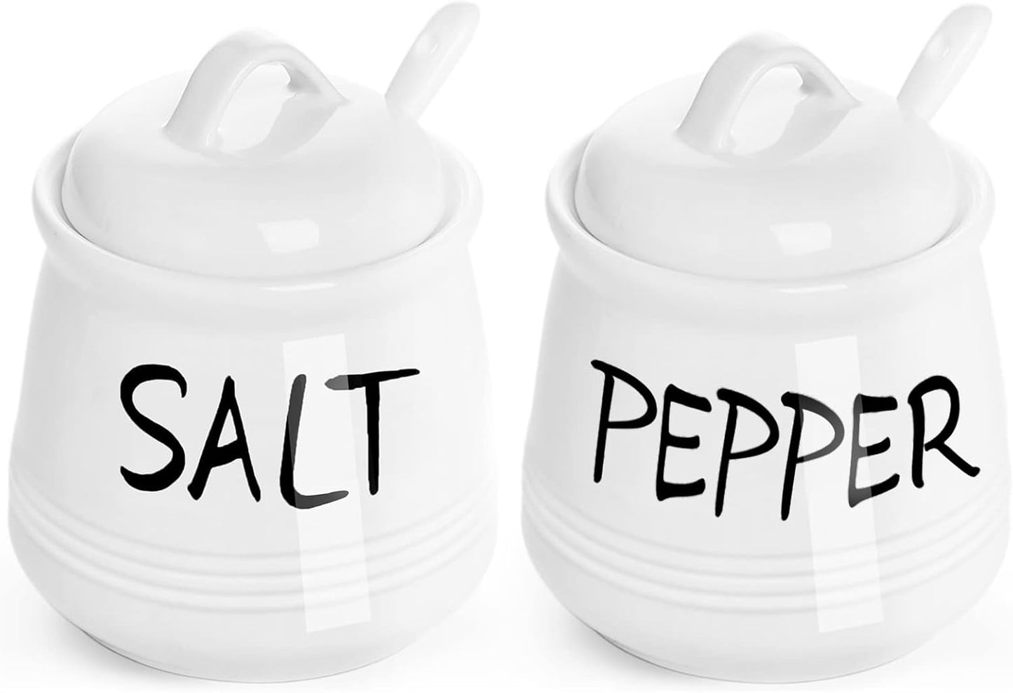 HAOTOP Salt and Pepper Bowls with Lid and Spoon - 12 oz Ceramic Cellar Set, Spice Box for Farmhouse Kitchen Decor
