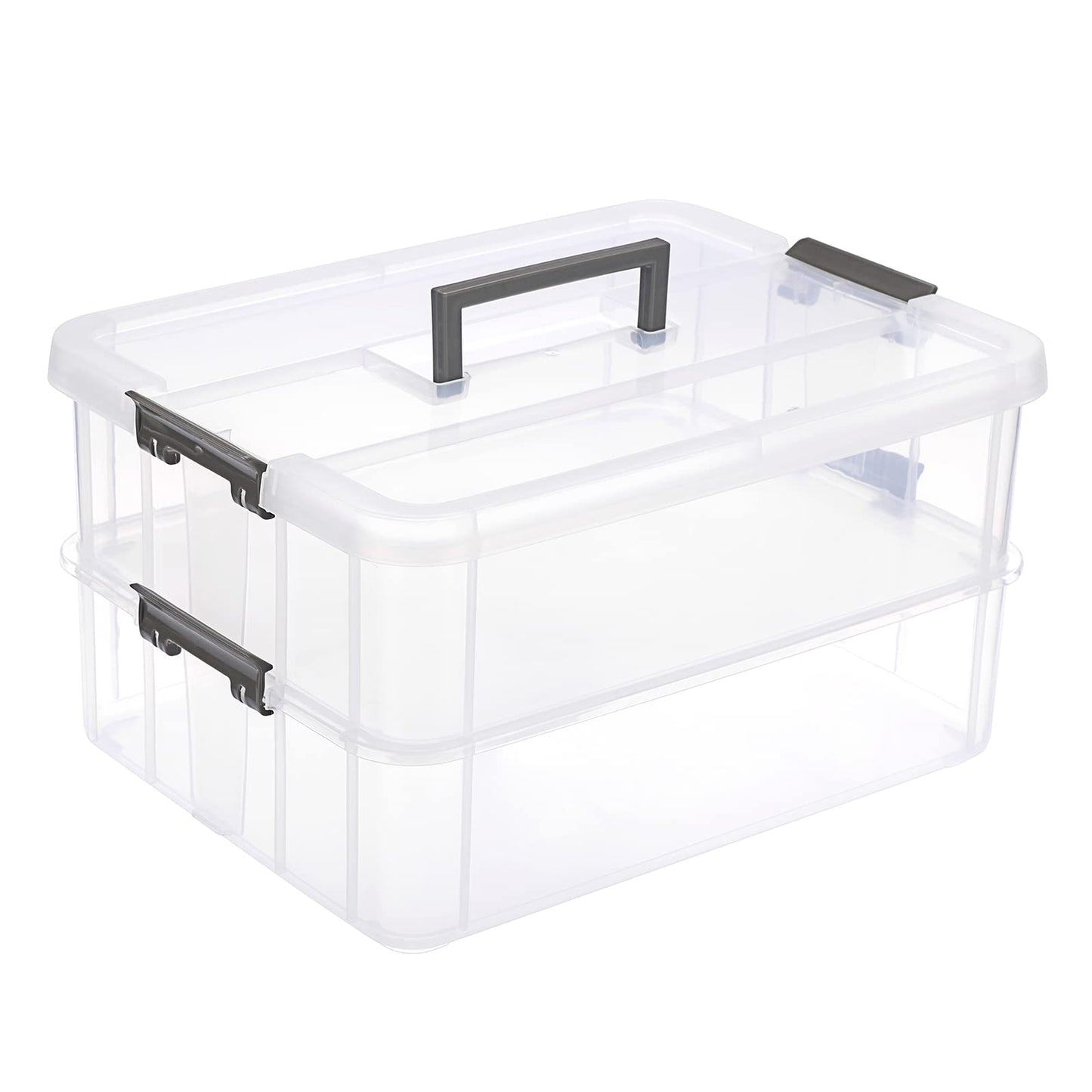 JUXYES 2-Tiers Stack Carry Storage Box With Handle, Transparent Stackable Storage Bin With Handle Lid Latching Storage Container for School & Office Supplies