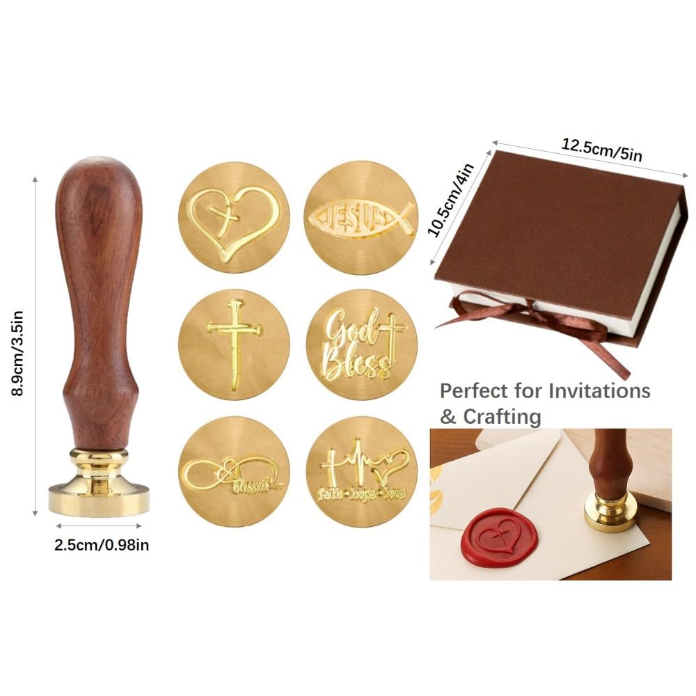Christian Wax Seal Stamp Kit with 6 Brass Heads + Handle & Gift Box – Cross, Jesus Fish, Faith Hope Love – Religious Symbols for Envelopes, Letters, Bible Journaling (Christian Wax Seal Stamp Set)