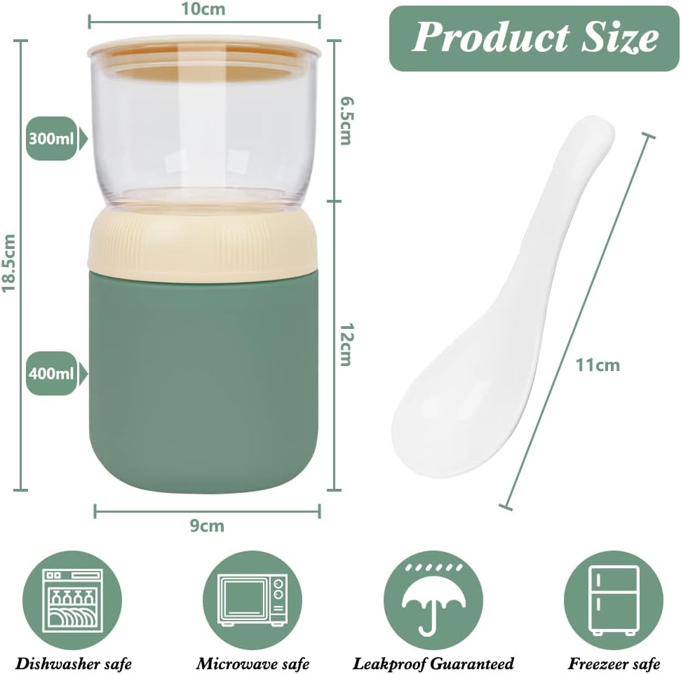2-Tier Oatmeal Yogurt Containers, Cereal Cup with Lids and Spoon, Stainless Steel Insulated Food Containers