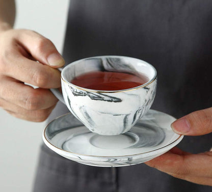 FUYU Gold Edge Marble Ceramic Espresso Coffee Cup and Saucer Set, Tea Cup