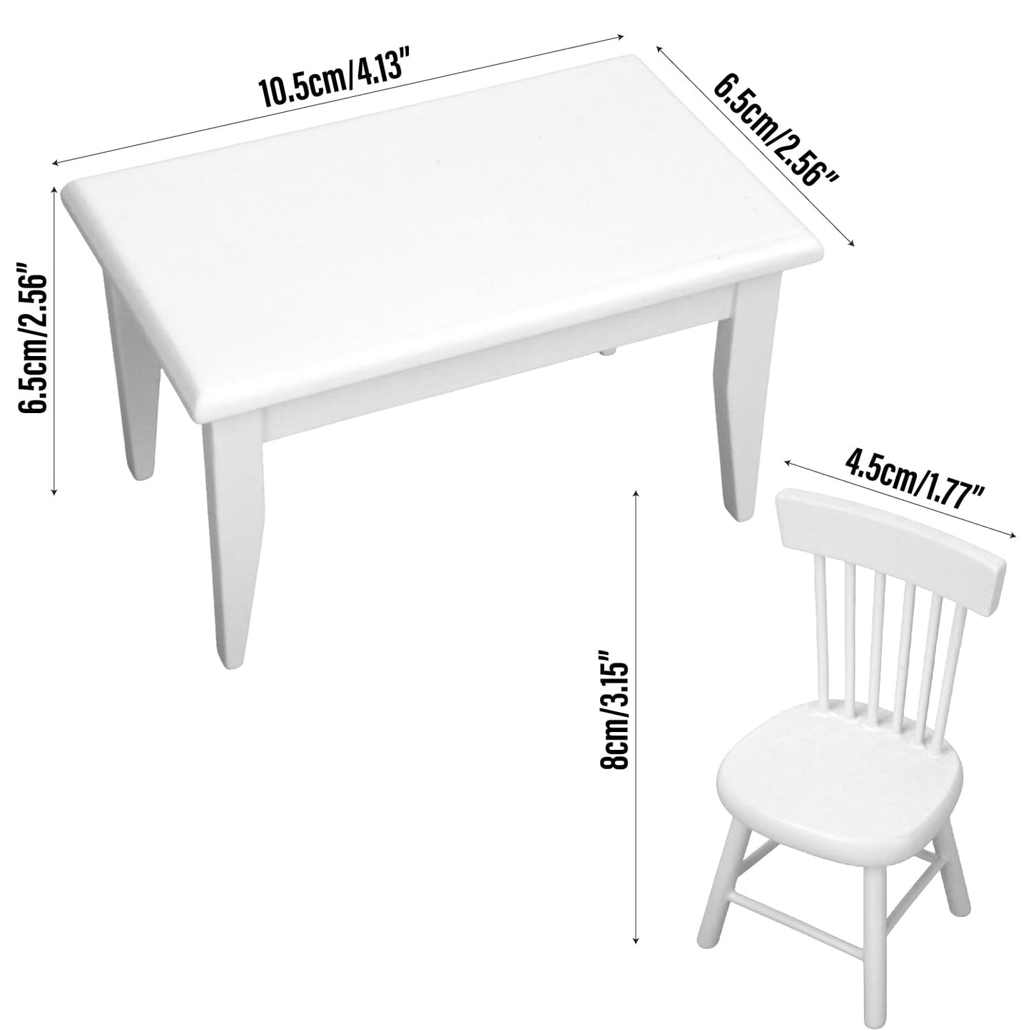Miniature Dollhouse Dining Table and Chairs – Set 5pcs 1/12 Scale for Doll House, White Wooden Furniture Model, Mini Classic Decoration Accessories DIY Hobby Gift for Kitchen, Breakfast Room