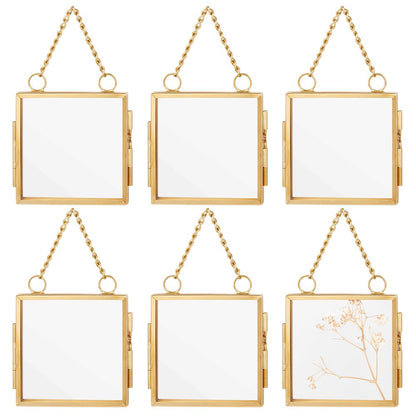 OLYCRAFT 6pcs Gold Mini Glass Hanging Frame 2.1x2.1 Inch Gold Metal Picture Frames Clear Double Glass Floating Frames Hanging Artwork Display Frame for Pressed Flowers Leaf and Artwork