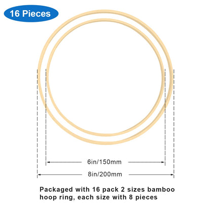 Worown 16 Pack (6” & 8”) Wooden Bamboo Floral Hoops Wreath Rings for Making Wedding Wreath Decor and Wall Hanging Crafts