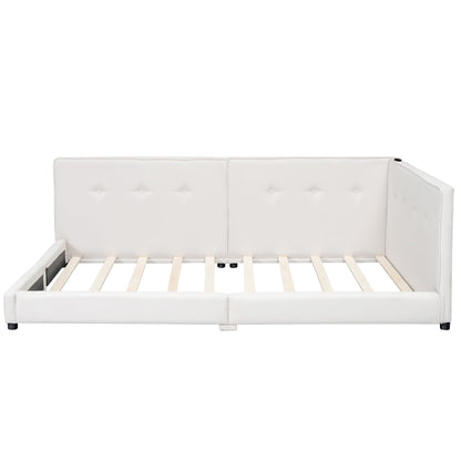 Merax Queen Size Modern Upholstered Platform Bed with USB Ports, Floor Daybed with Wood Slat Support/Queen,Beige