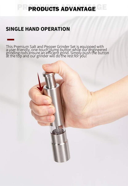 MINI Stainless-Steel One-Handed Thumb Push Button Salt and Pepper Grinder for Black Pepper or Himalayan Salt