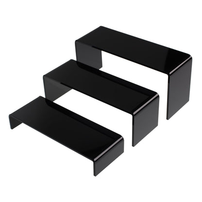 KOSKWKREO 3 Pack Black Acrylic Display Risers, Tiered Display Stand Set in 3 Sizes for Perfume, Cosmetics, Cupcakes, Figures, Toy Cars, Collectibles and Small Decor