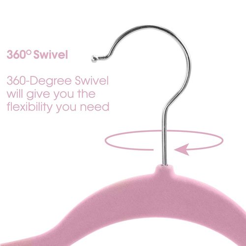 Elama 100 Piece Set of Velvet Slim Profile Heavy Duty Felt Hangers with Stainless Steel Swivel Hooks in Pink