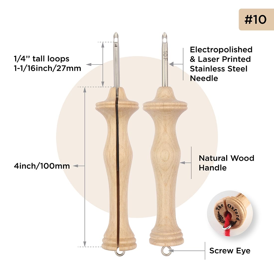 The Oxford Punch Needle #10 (1/4 inch Loop) Fine Point Punch Needle | Patented Design | Ergonomic Natural Wood Handle | Electropolished Steel Tip | Ideal for Rug Hooking