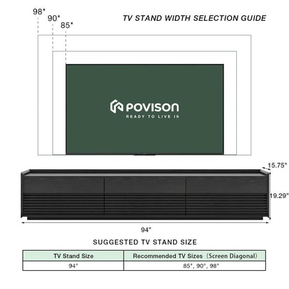 POVISON Fully-Assembled Mid Century Modern TV Stand, 94.49" Wood Media Console with Adjustable LED Light, Entertainment Center with Storage for Living Room